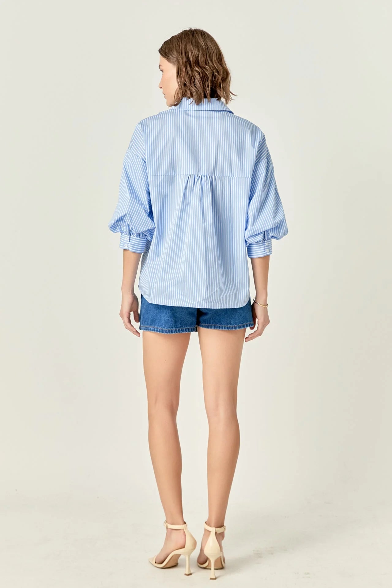 English Factory - Striped Balloon Sleeve Shirt - Powder Blue