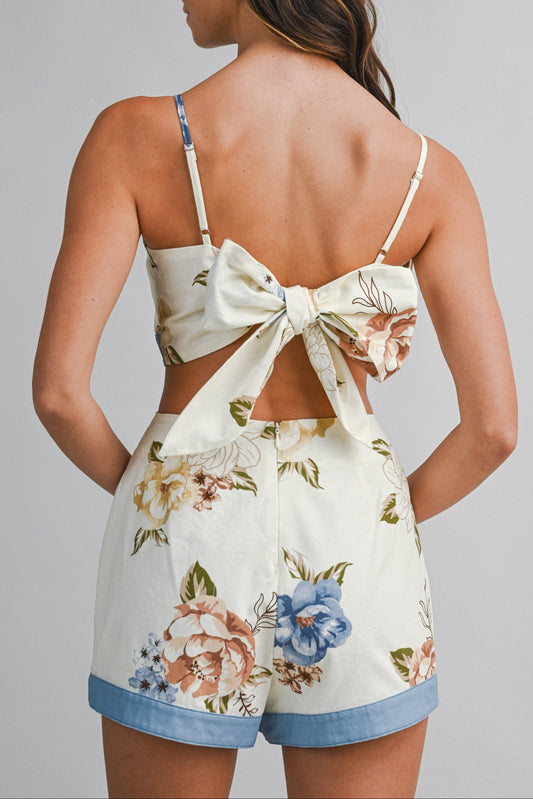 Bow Tie Back Top & Over Wrap Shorts - Blue