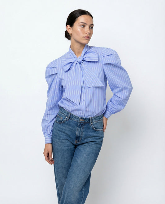 The Long Sleeve French Bow Shirt - Blue/White/Red Micro