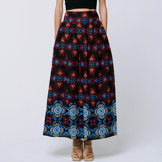 Deana Embroidered Maxi Skirt - Black Multi