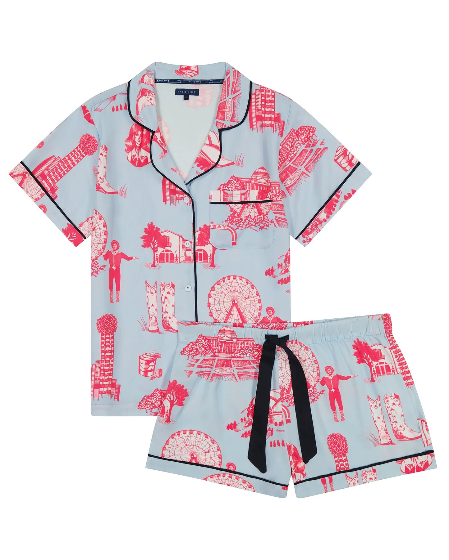 Dallas Toile Pajama Shorts Set - Blue Pink