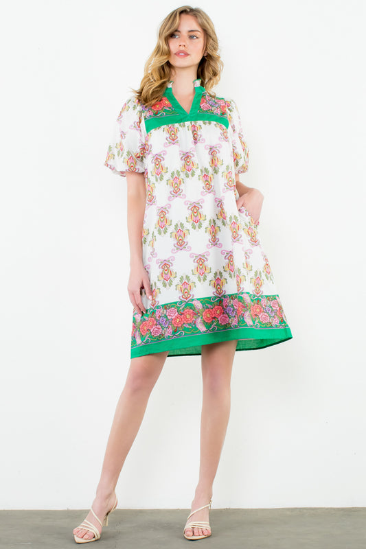 Puff Sleeve Print Midi Dress - White