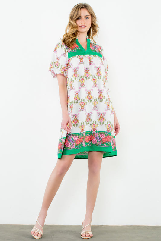 Puff Sleeve Print Midi Dress - White