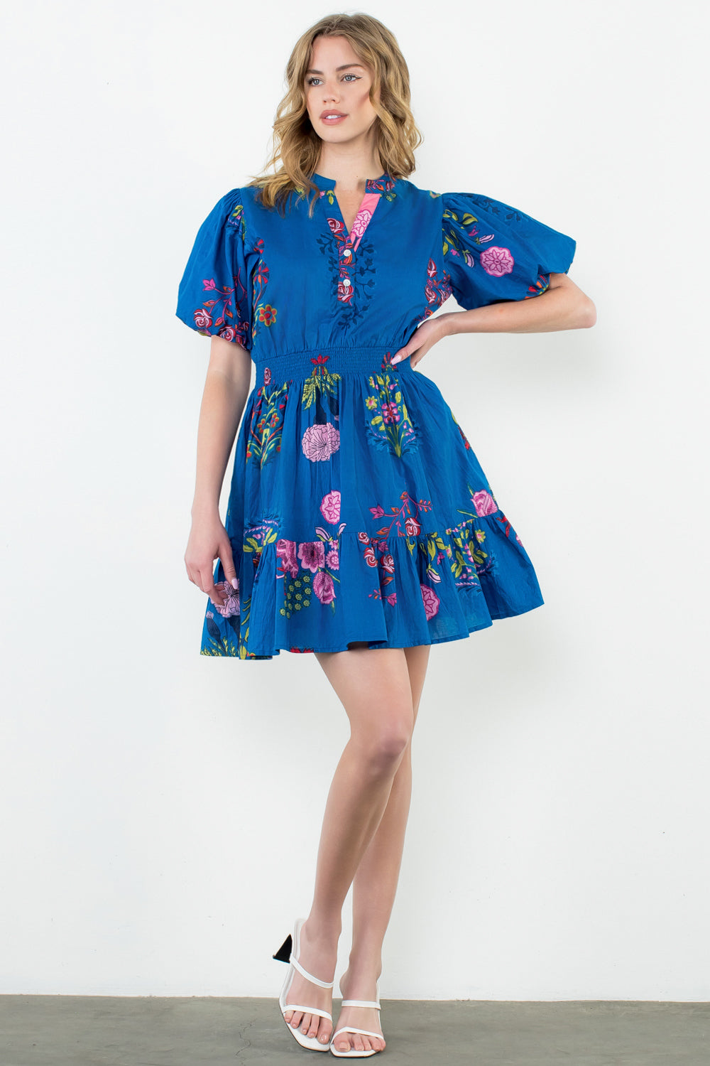THML - Puff Sleeve Floral Dress- Blue