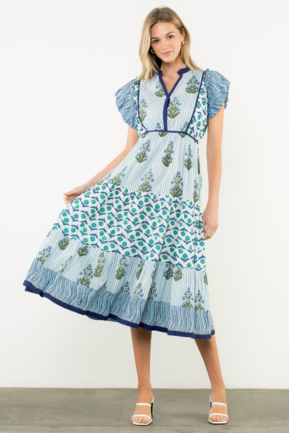 Flutter Sleeve Floral Maxi Dress - Blue
