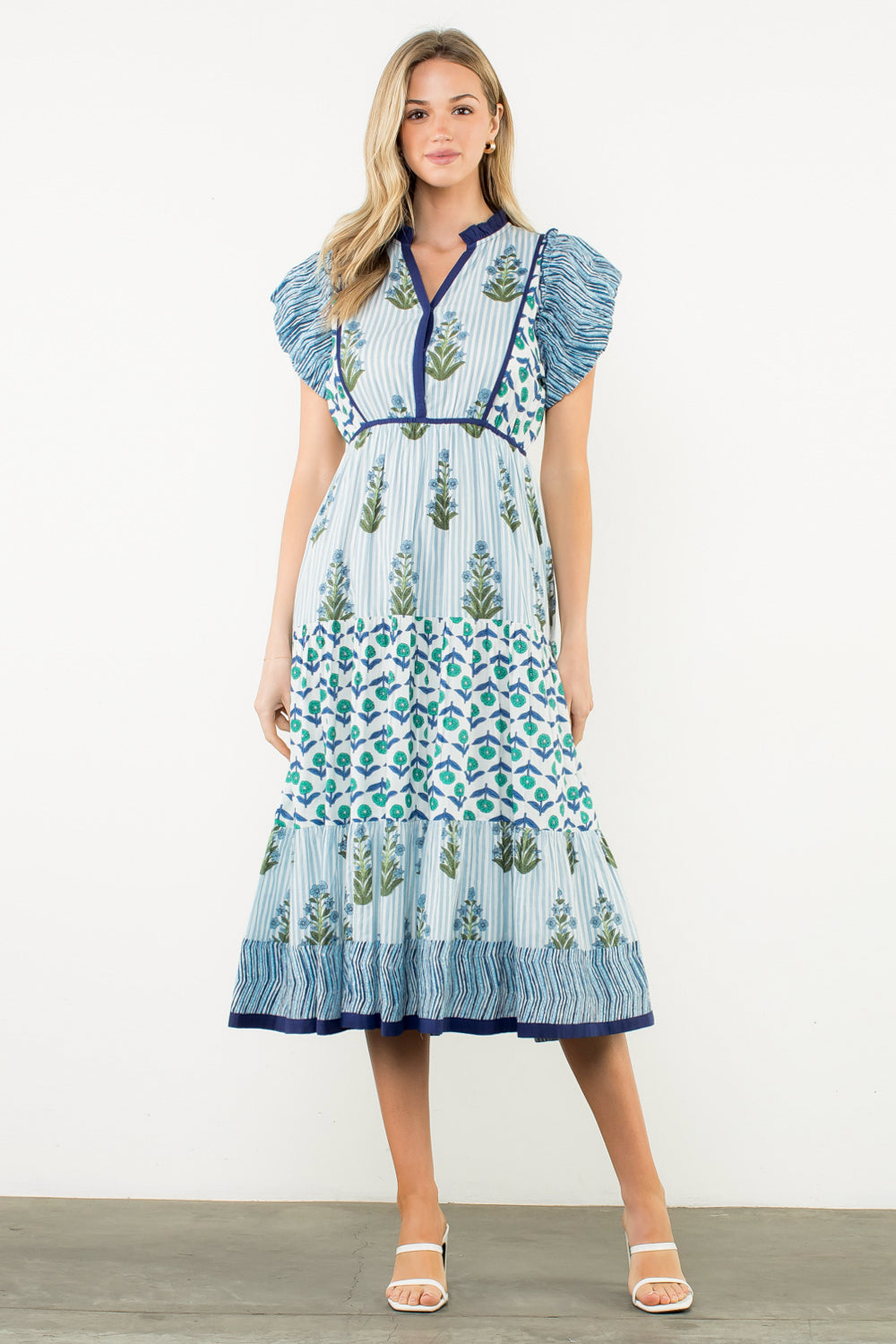 Flutter Sleeve Floral Maxi Dress - Blue
