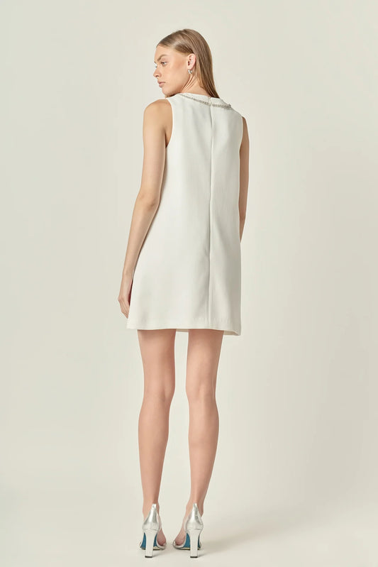 Rhinestone Bow Embellished Mini Dress - Off-White