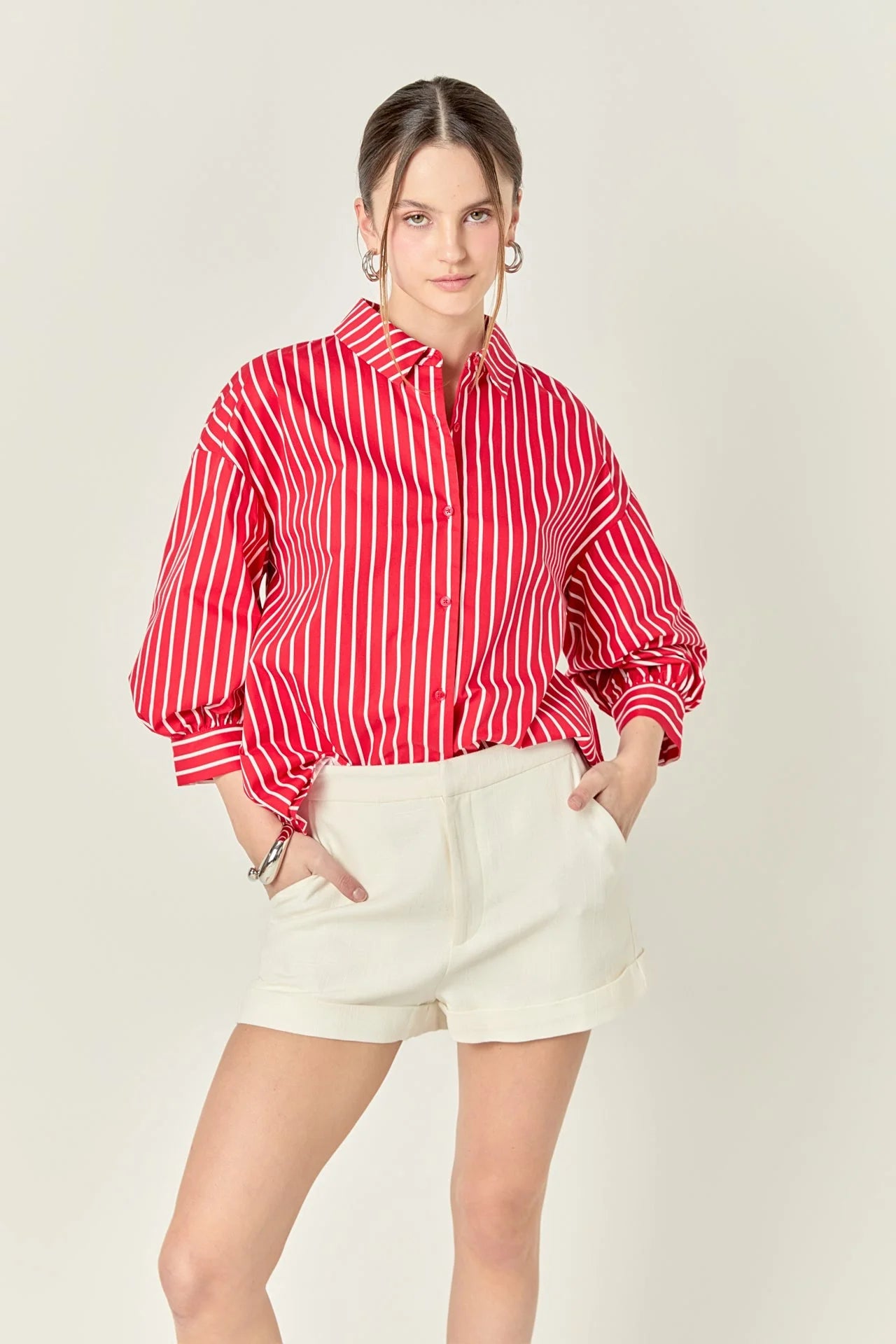 English Factory - Striped Balloon Sleeve Shirt - Red/White