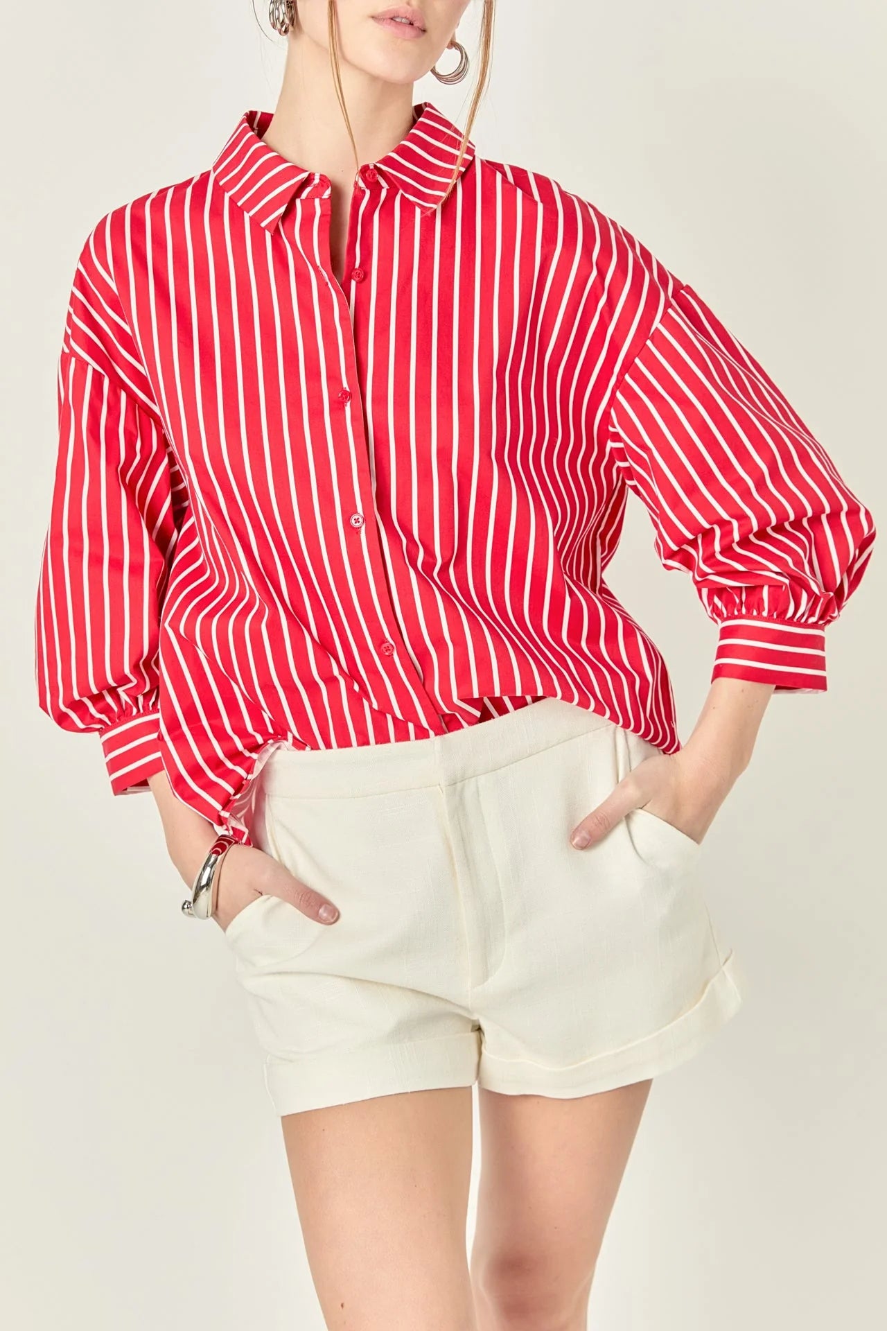 English Factory - Striped Balloon Sleeve Shirt - Red/White