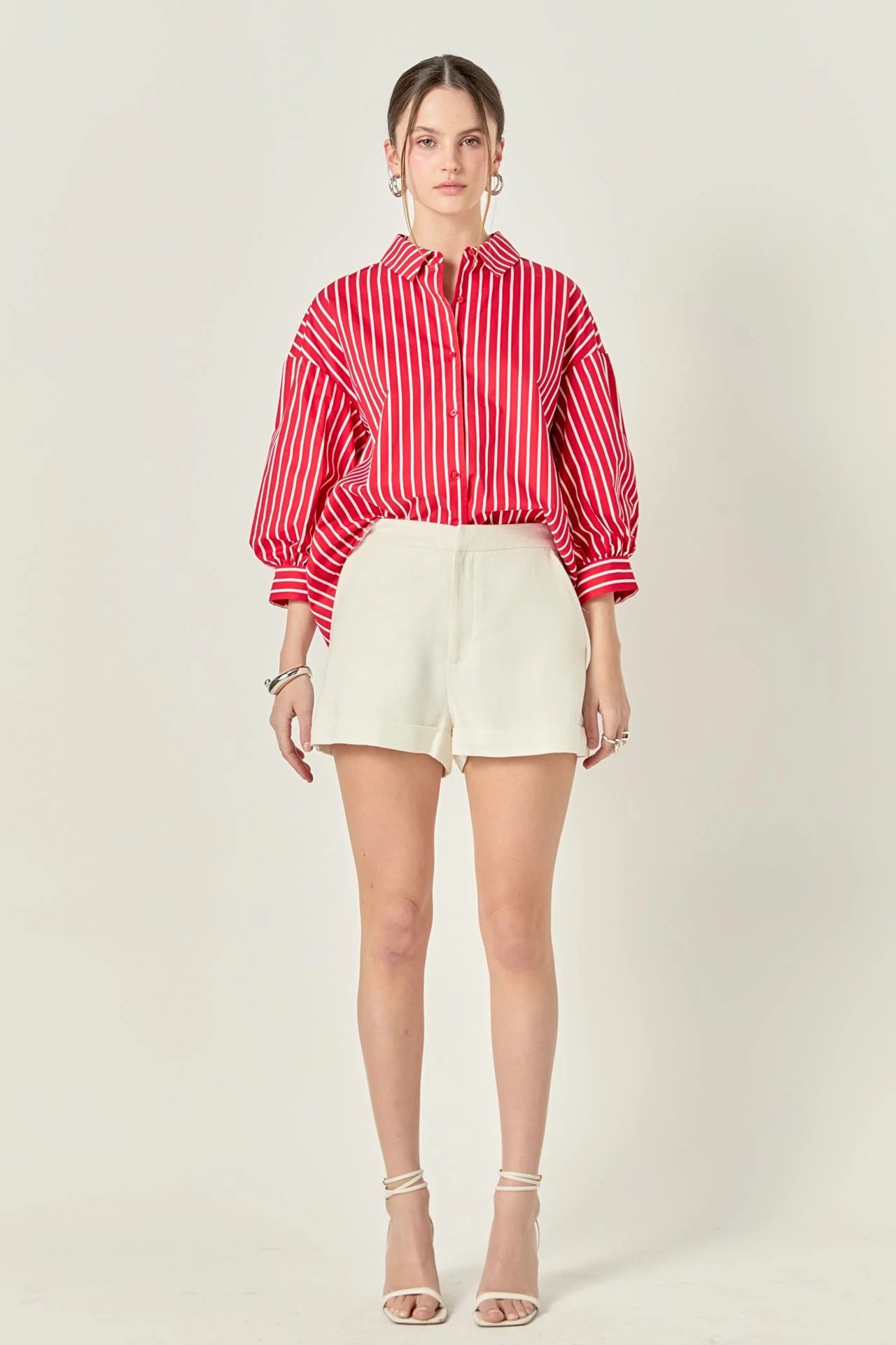 English Factory - Striped Balloon Sleeve Shirt - Red/White