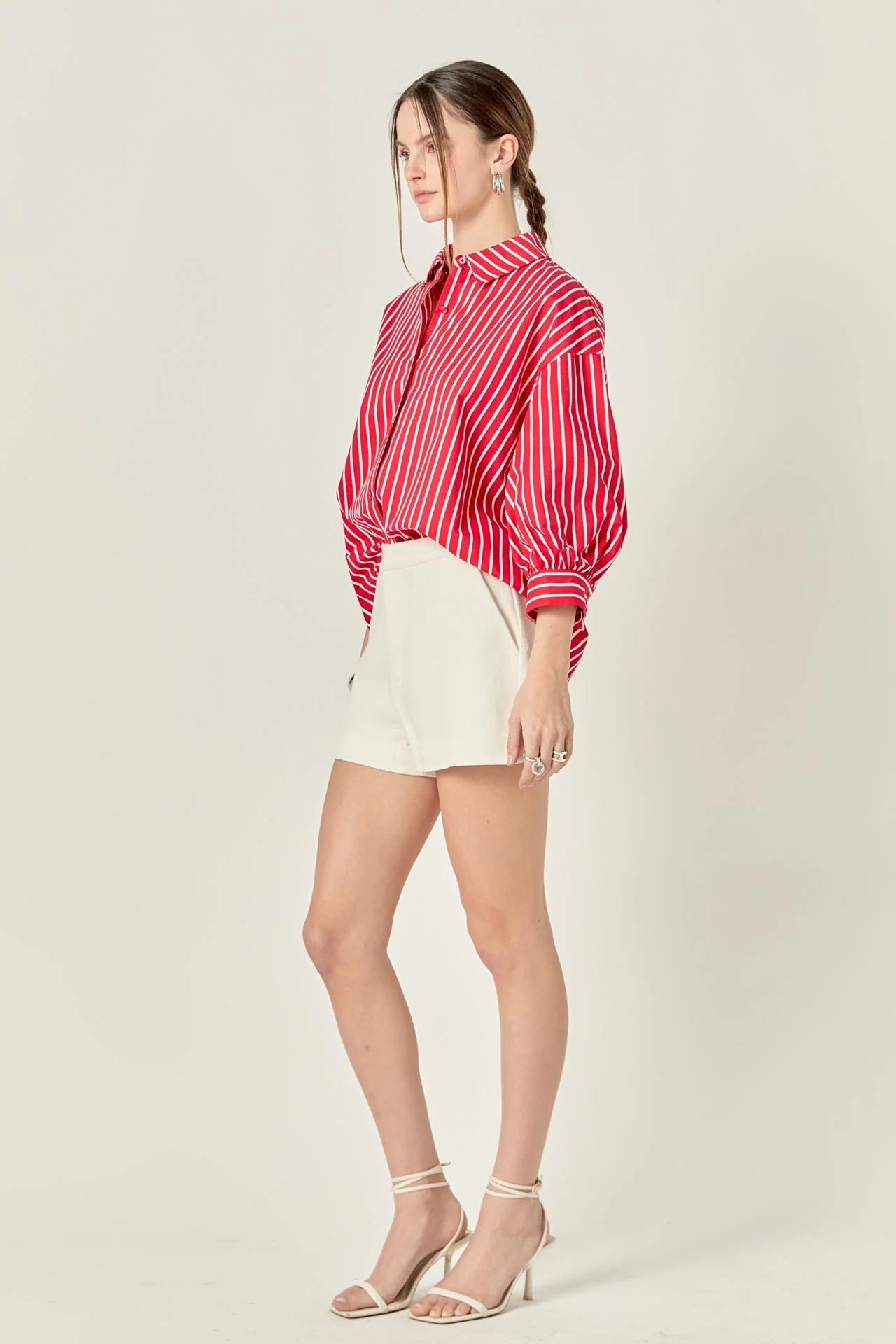 English Factory - Striped Balloon Sleeve Shirt - Red/White