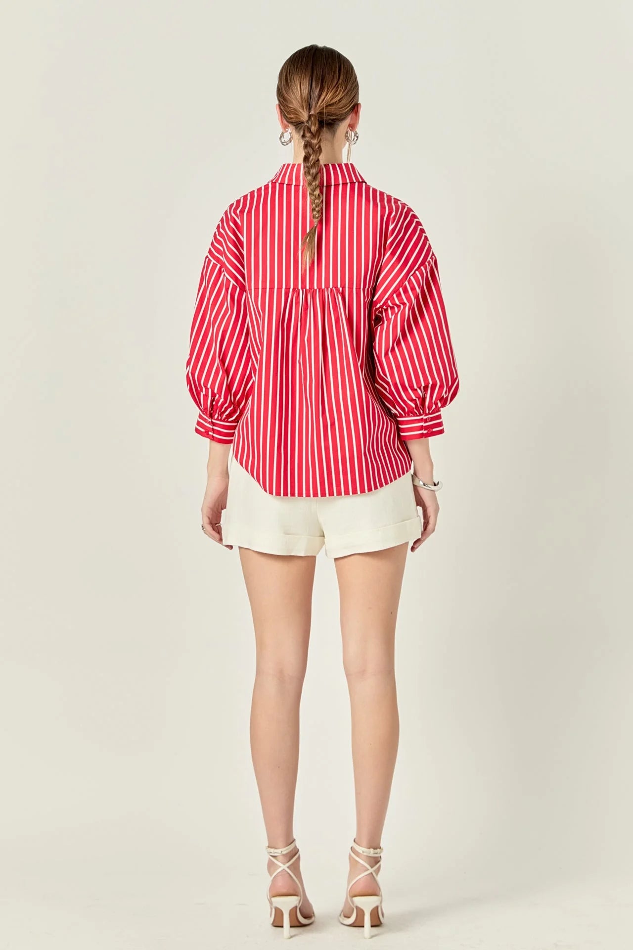 English Factory - Striped Balloon Sleeve Shirt - Red/White