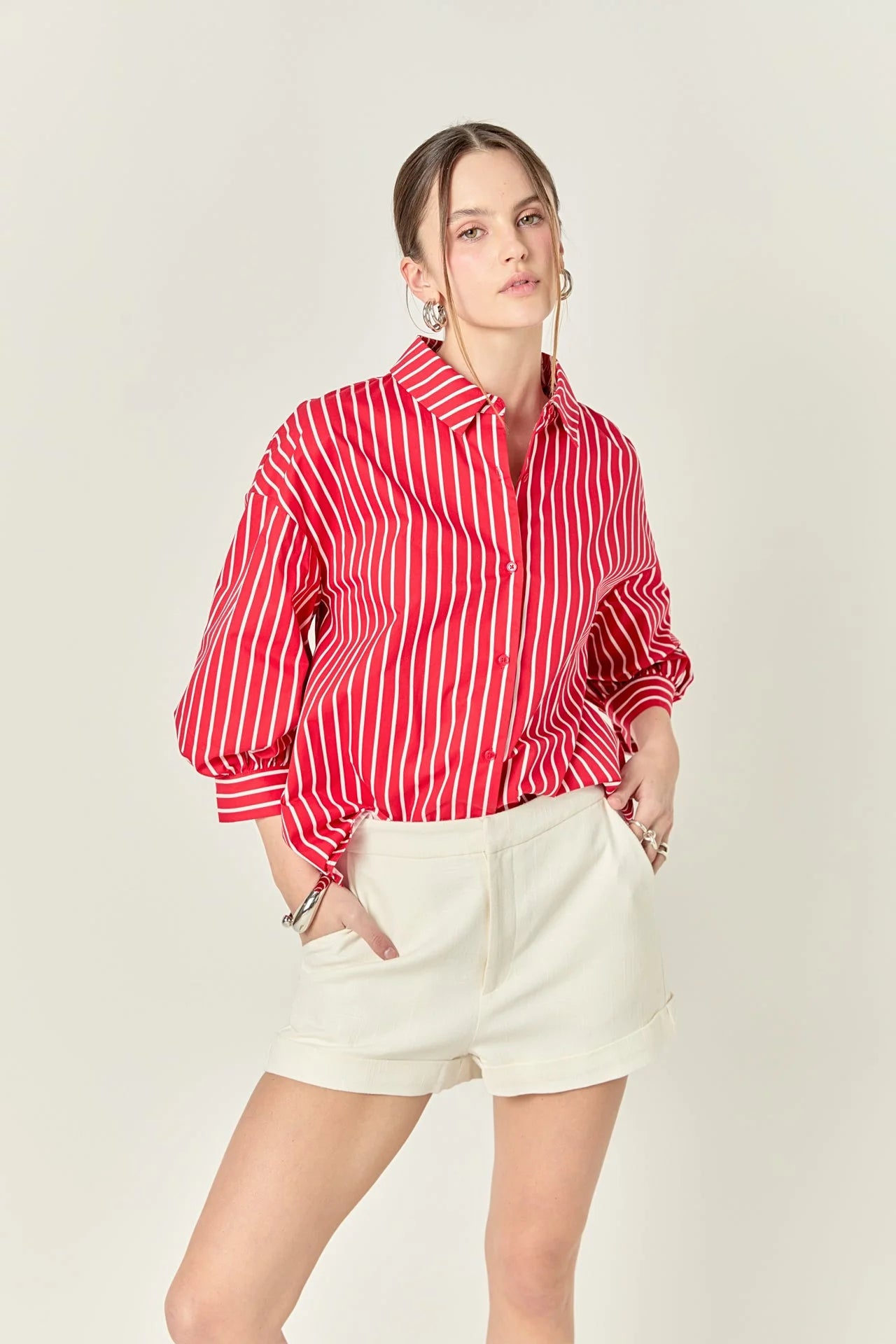 English Factory - Striped Balloon Sleeve Shirt - Red/White
