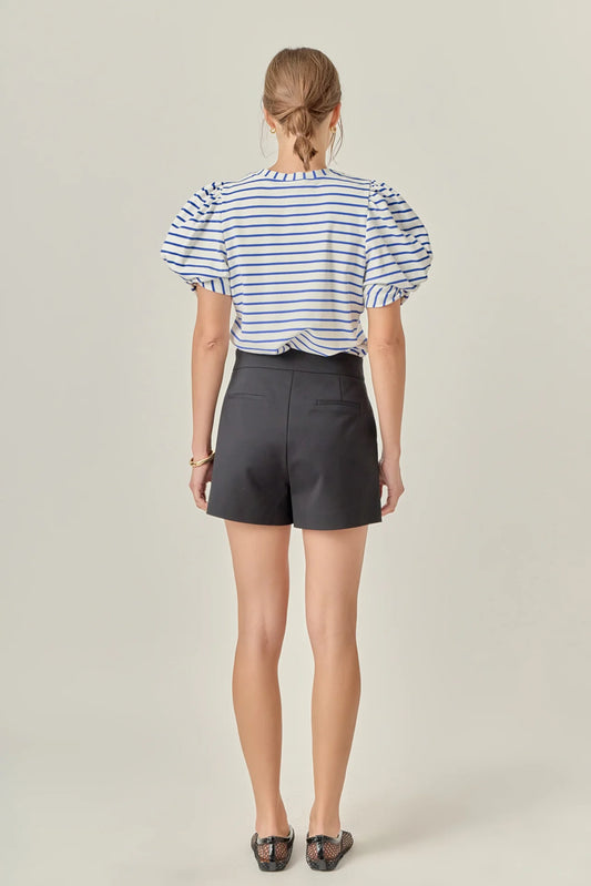 Striped Puff Sleeve Crewneck Top - White/Blue