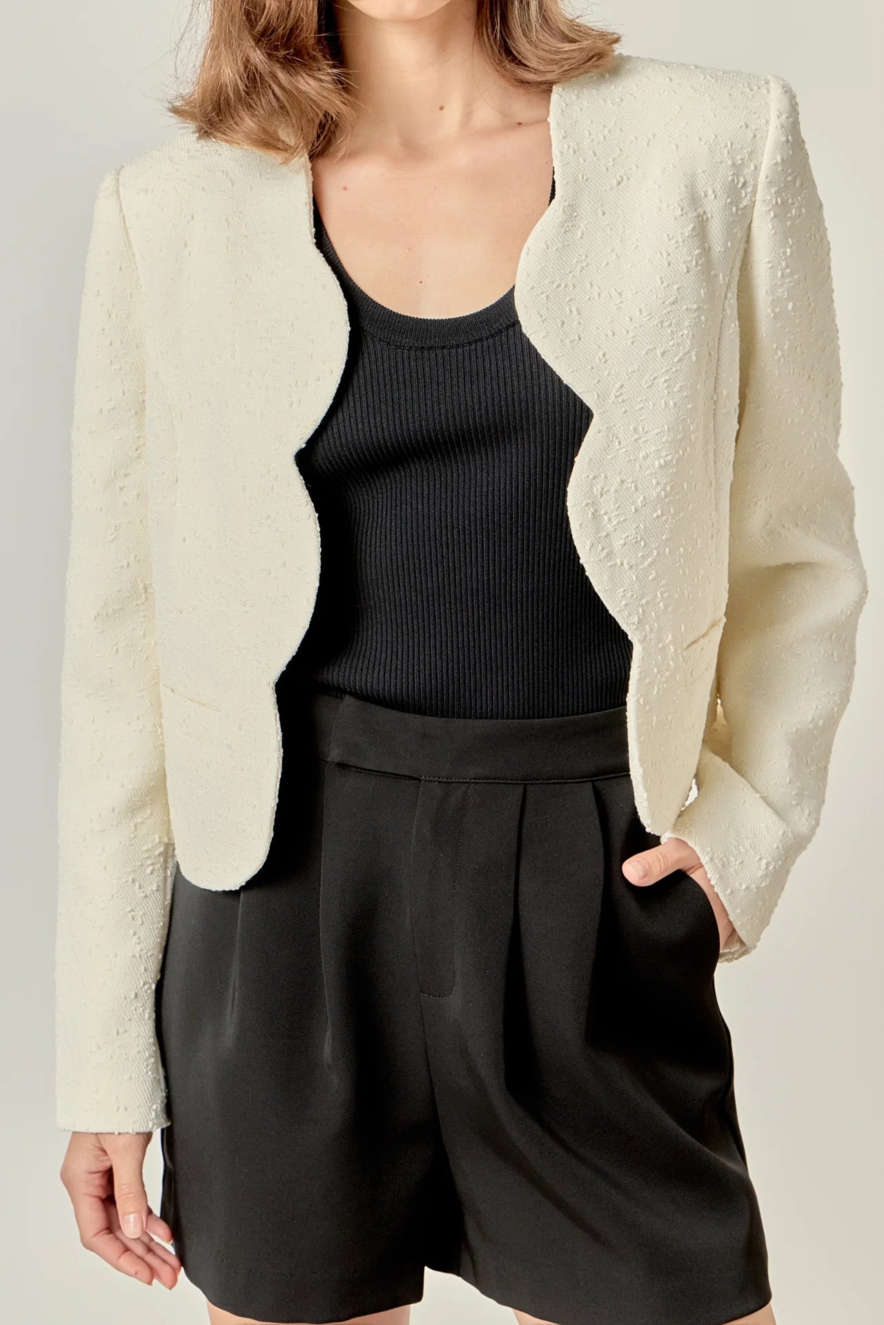 Scallop-Edge Textured Blazer - White
