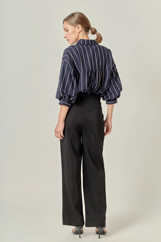 Stripe Balloon Sleeve Shirt - Navy/White