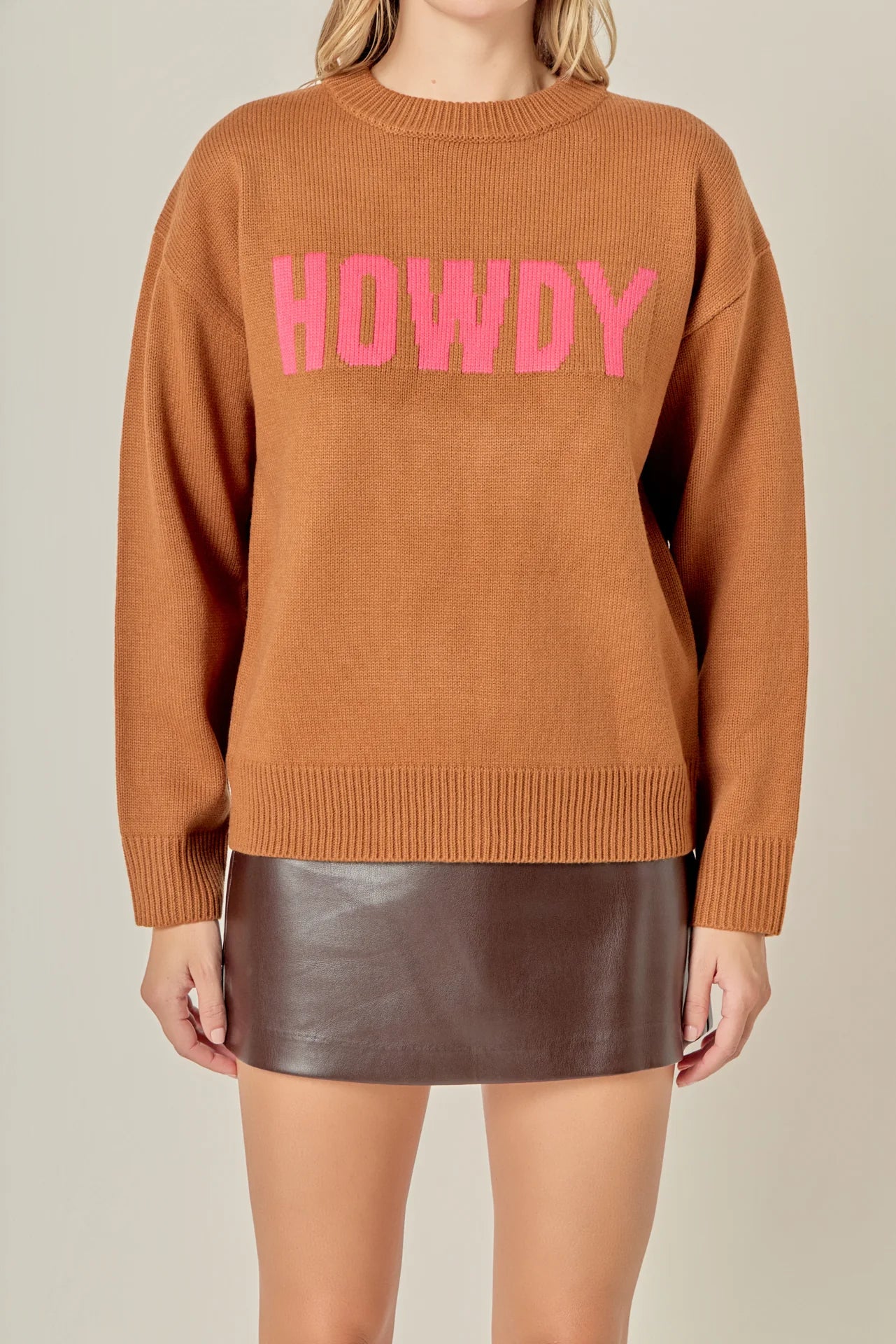 Crewneck Statement Sweater - Caramel/Pink