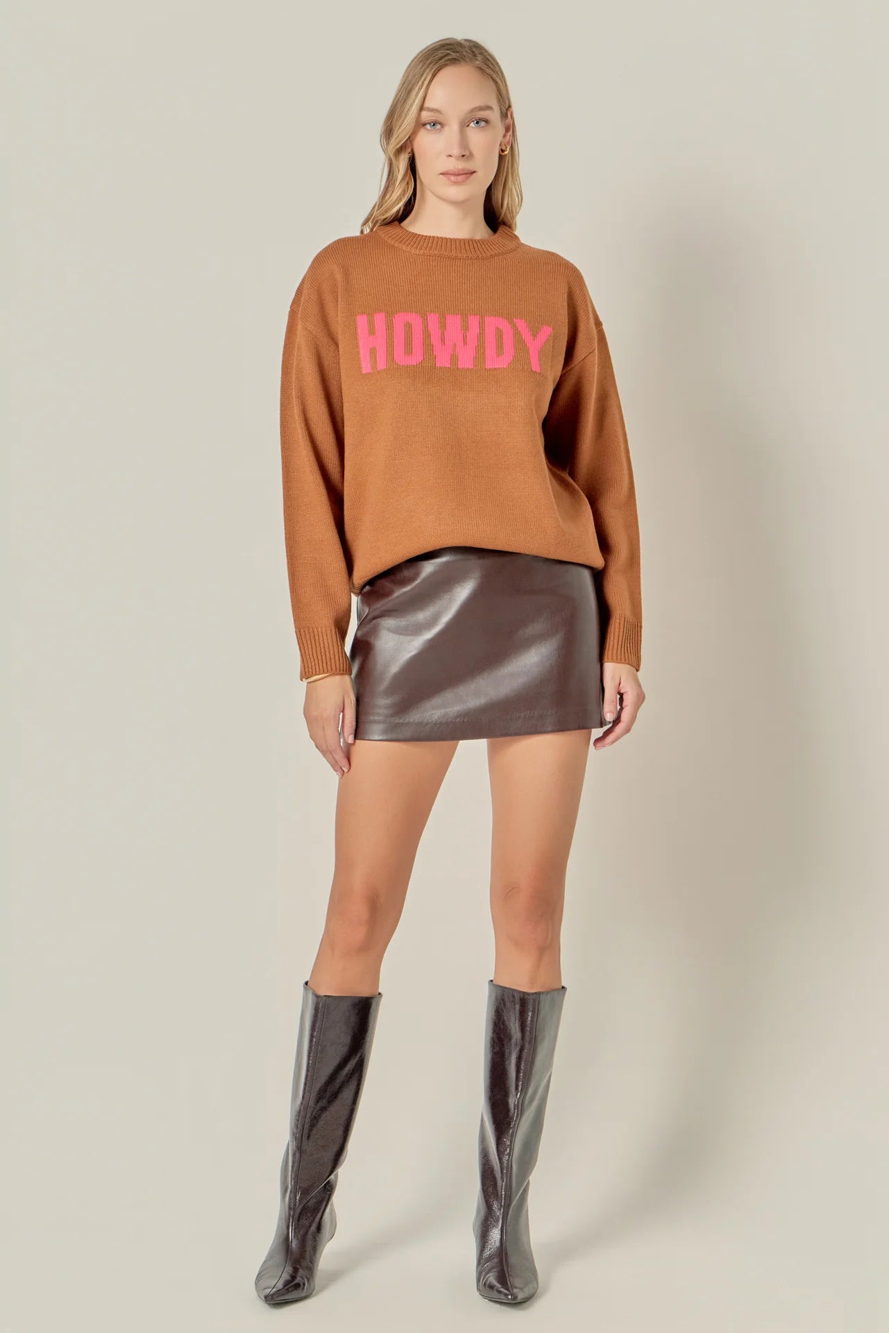 Crewneck Statement Sweater - Caramel/Pink