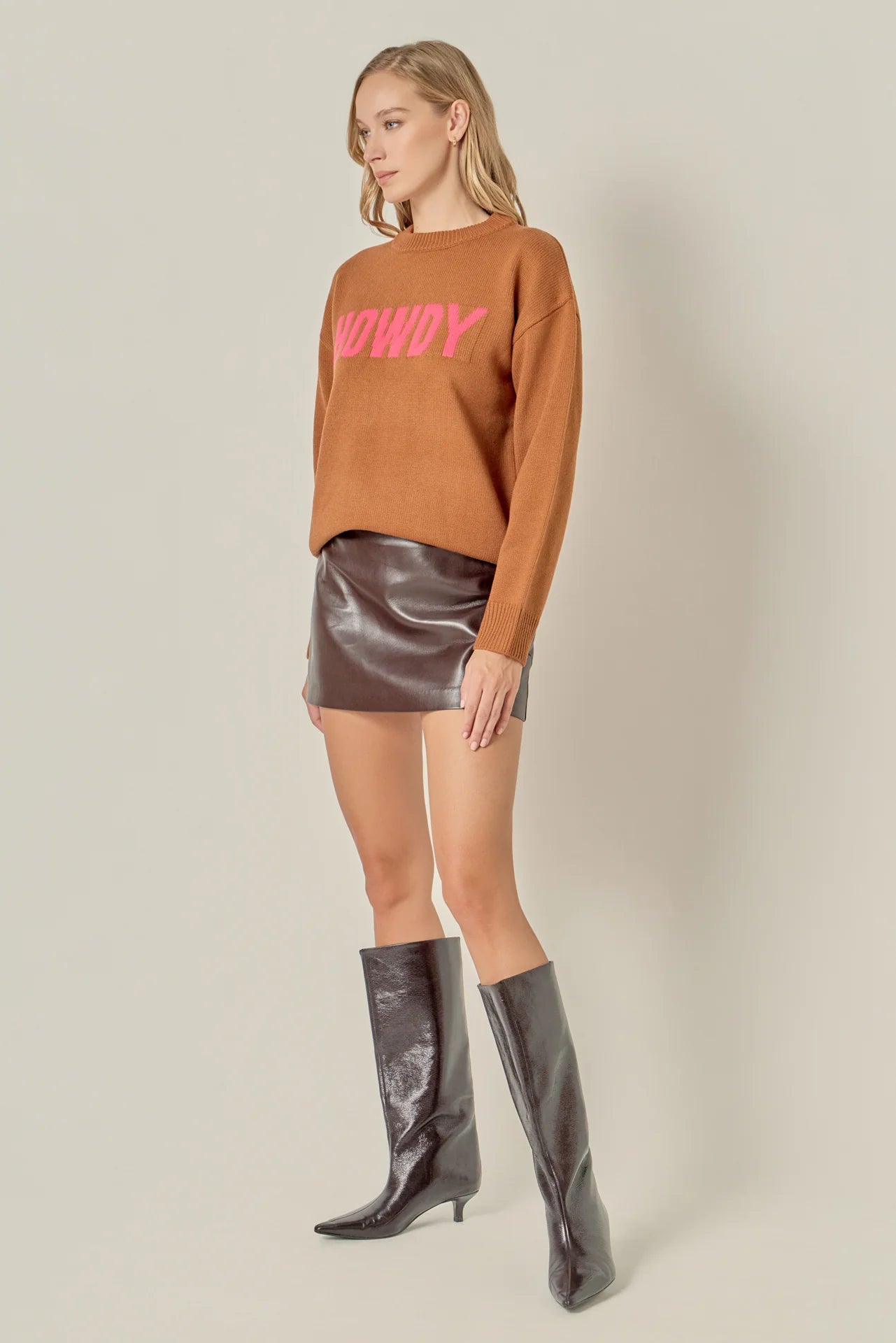 Crewneck Statement Sweater - Caramel/Pink
