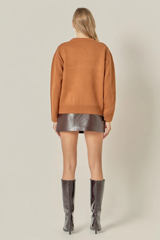 Crewneck Statement Sweater - Caramel/Pink