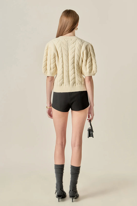 Pearl Bow Cable Knit Cardigan - Cream