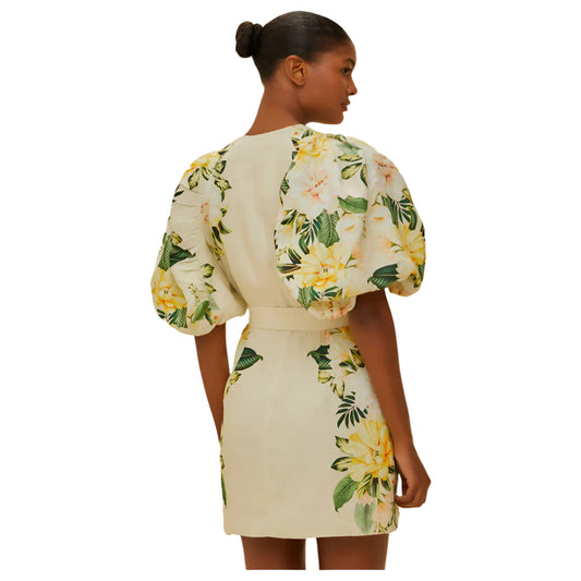 Garden Cascade Sand Puffy Sleeve Mini Dress