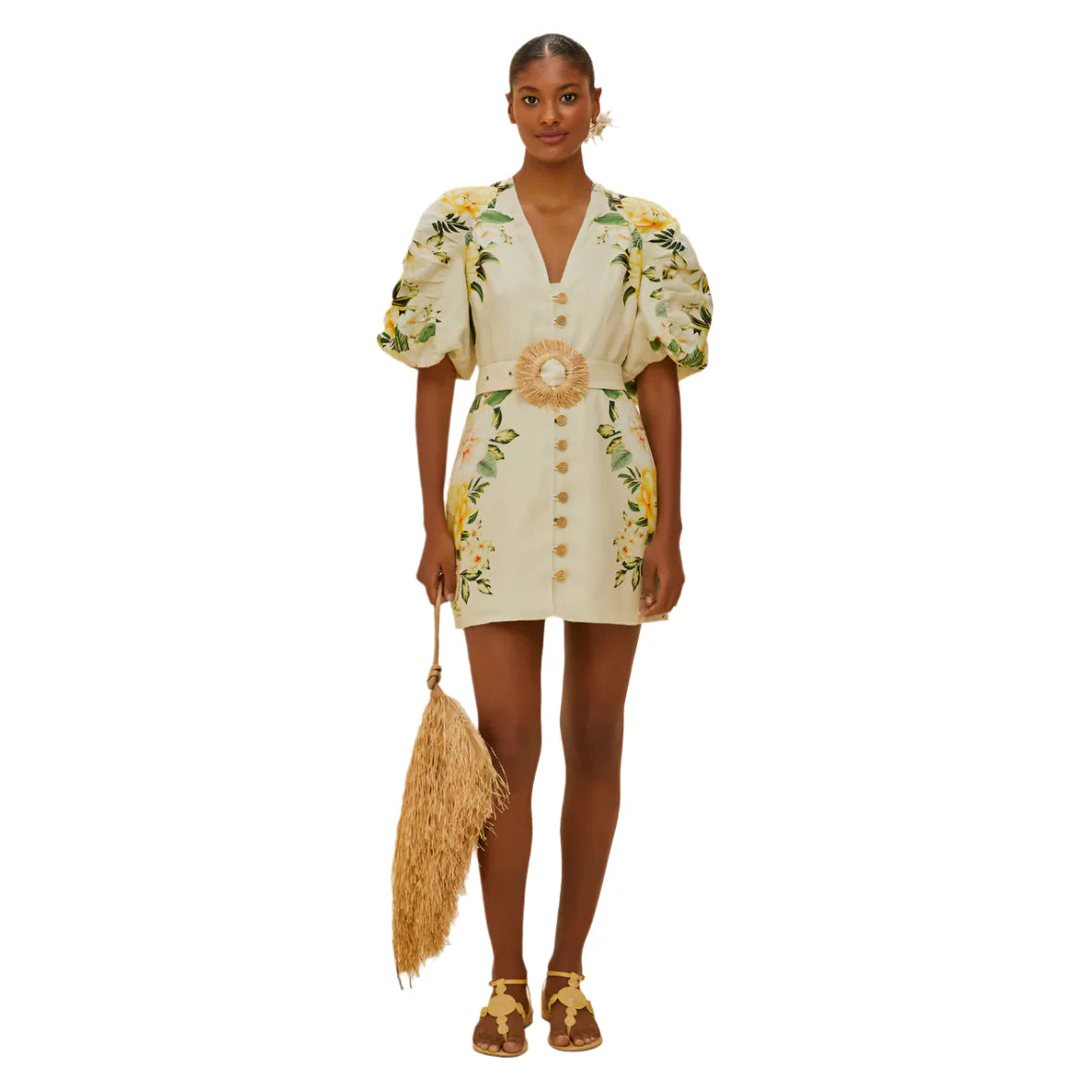 Farm Rio - Garden Cascade Sand Puffy Sleeve Mini Dress