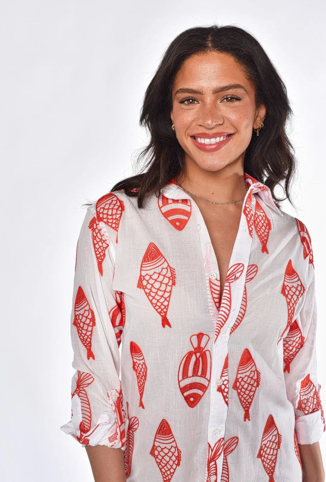 Red & White Fish Cotton Girlfriend Midi Dress