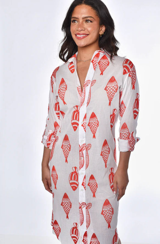 Red & White Fish Cotton Girlfriend Midi Dress