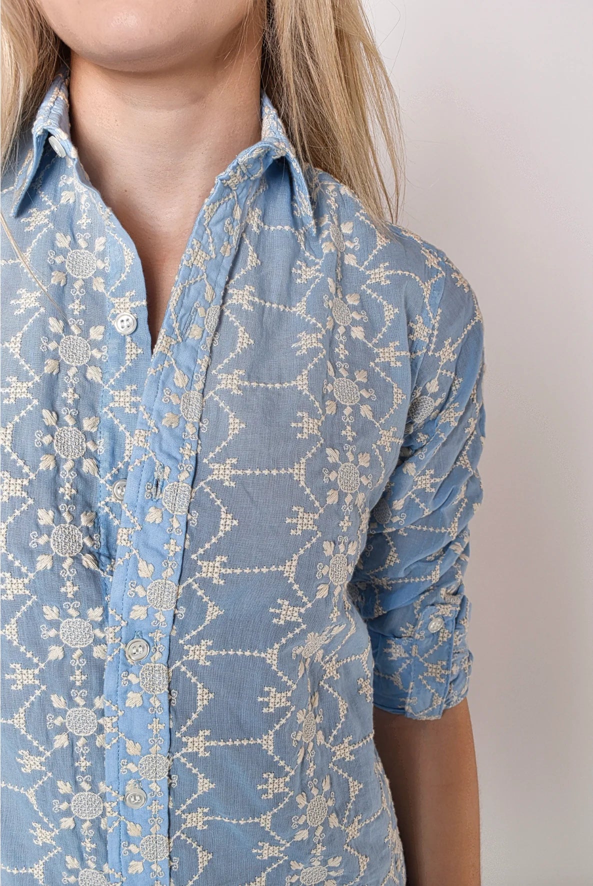 Blue Cream Cotton Embroidery Girlfriend Dress