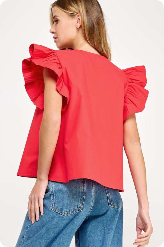 Flutter Ruffle Sleeve Poplin Top - Red