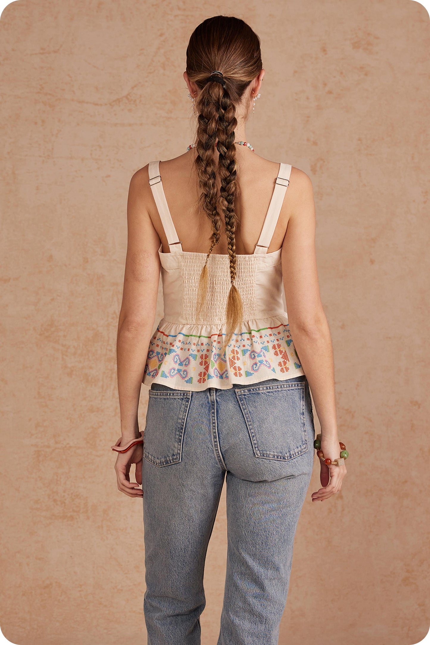 Cross Stitch Embroidery Sleeveless Top - Ecru
