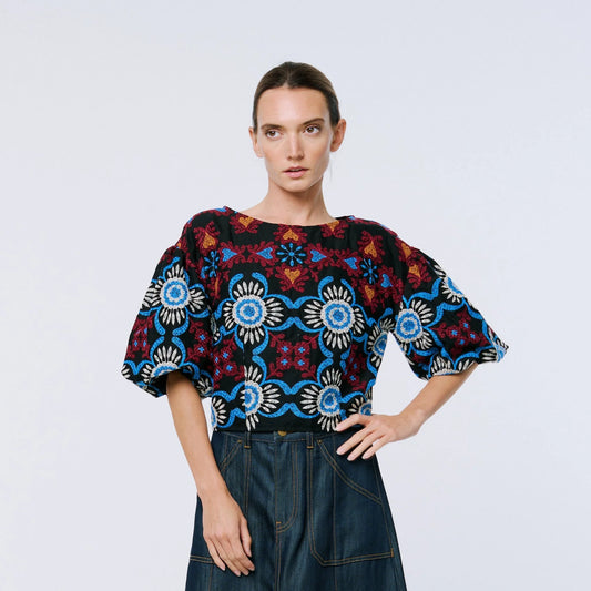 Willa Embroidered Puff Sleeve Top - Black Multi