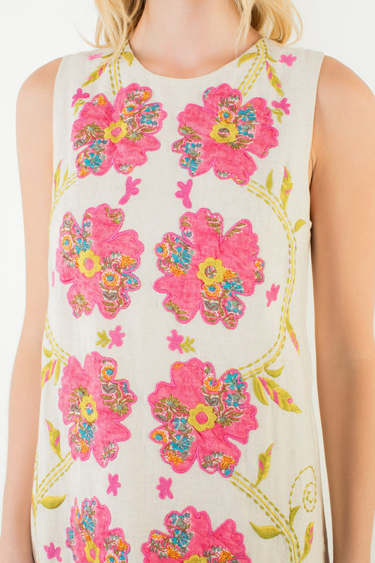 Sleeveless Floral Pattern Dress - Cream