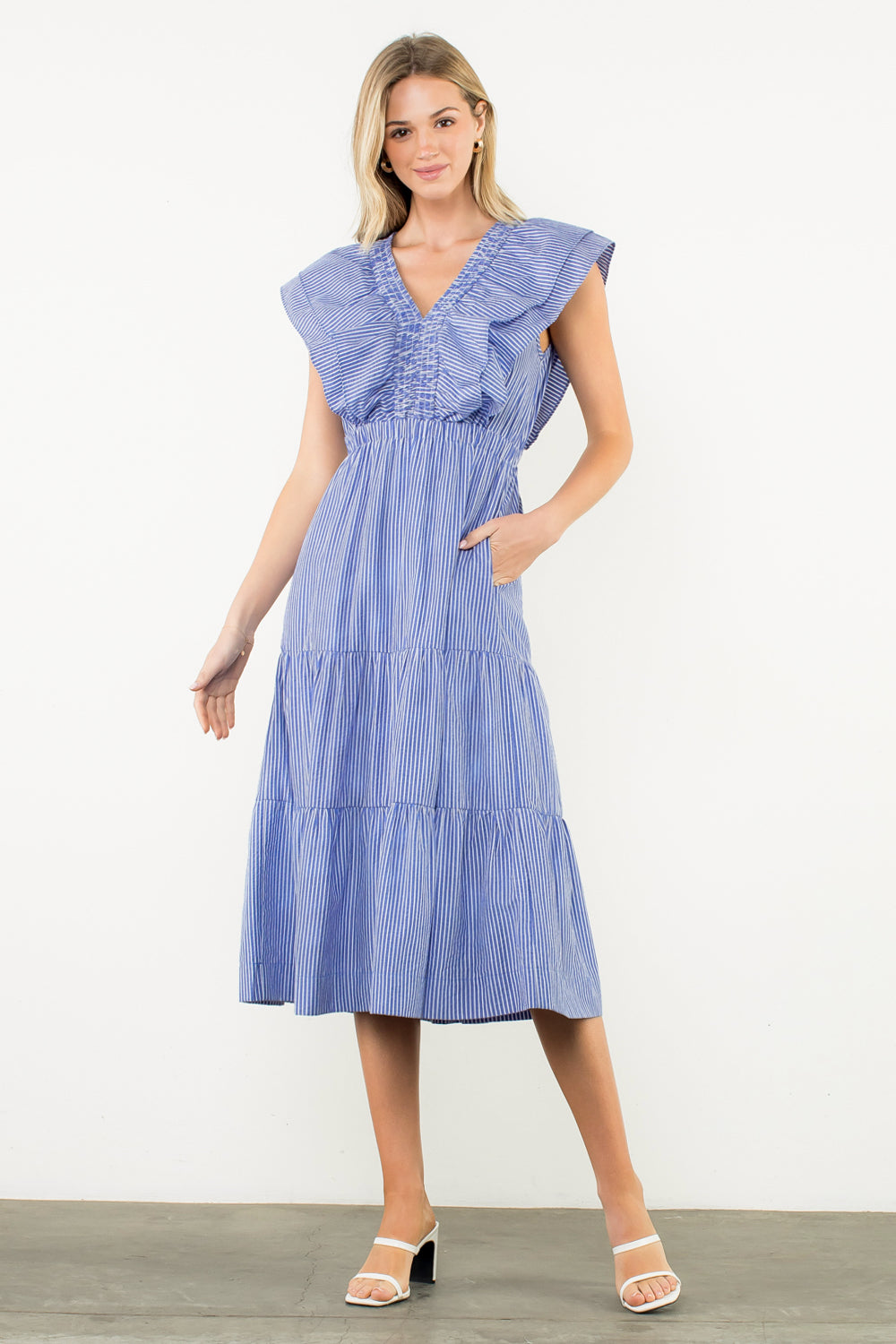 Striped Flutter Tiered Maxi Dress - Blue