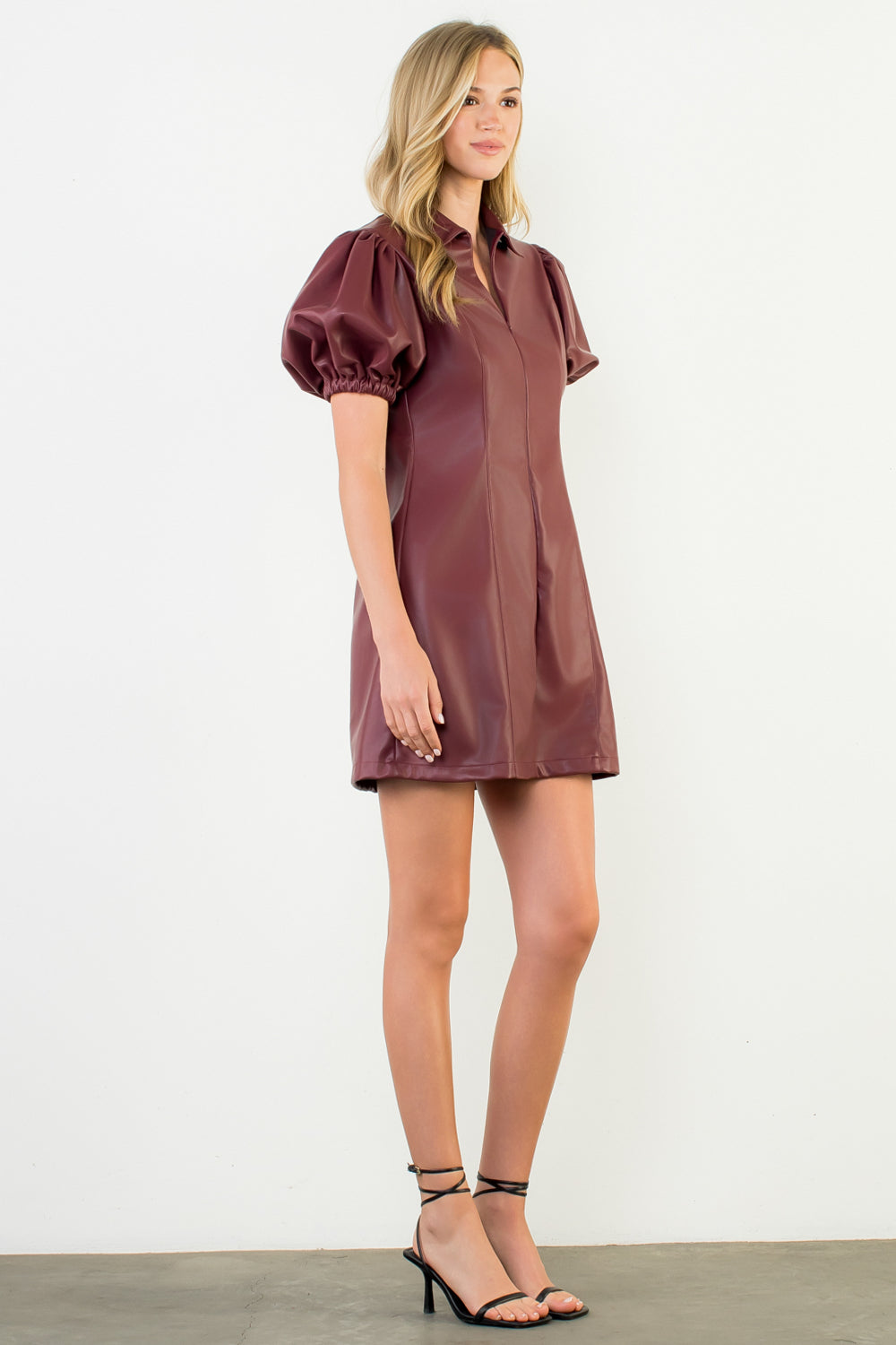 Puff Sleeve Leather Dress - Burgundy