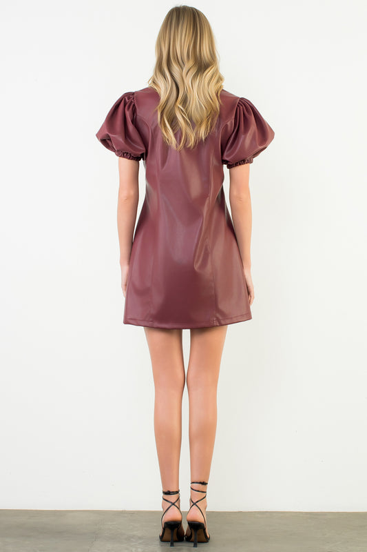 Puff Sleeve Leather Dress - Burgundy