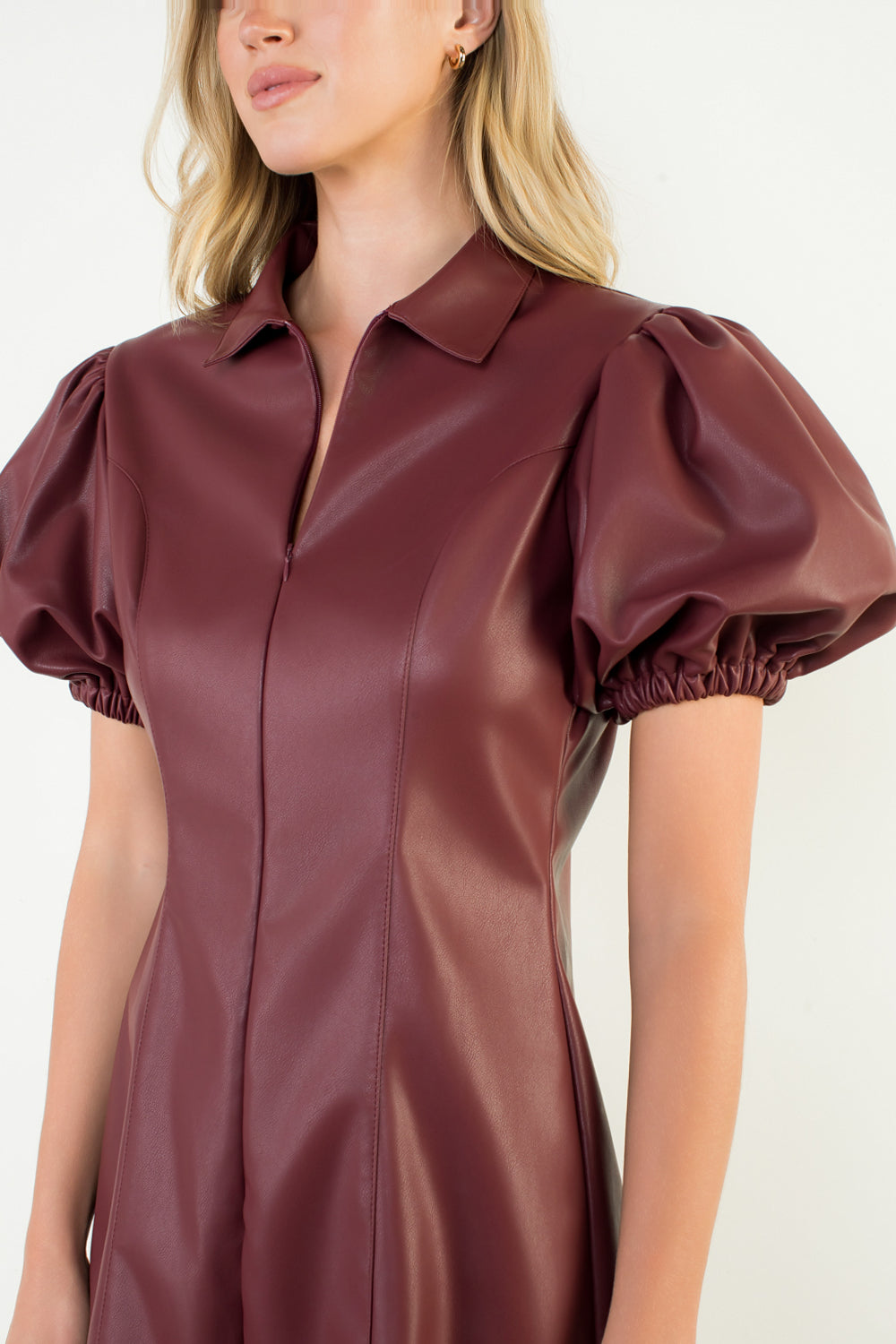 Puff Sleeve Leather Dress - Burgundy