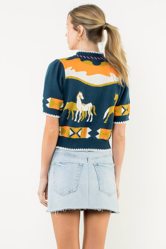 Short Sleeve Horse Detail Top - Navy