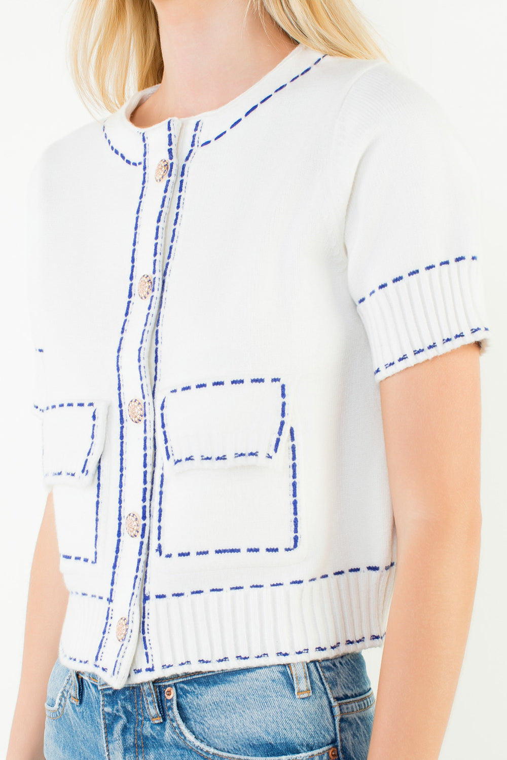 Short Sleeve Knitted Button Up Top - White