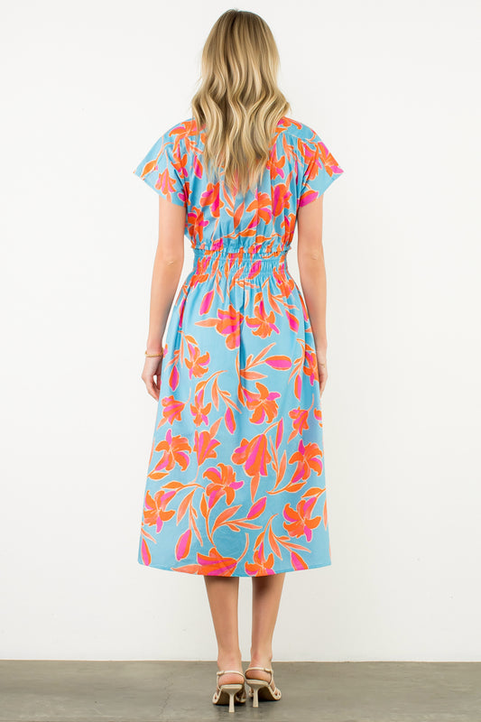 Smocked Waist Floral Maxi Dress - Light Blue