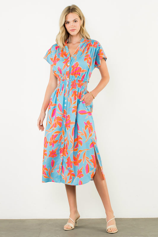 Smocked Waist Floral Maxi Dress - Light Blue
