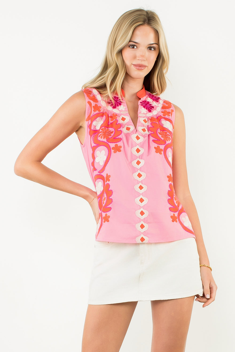 Embroidered Sleeveless Split Neck Top - Pink