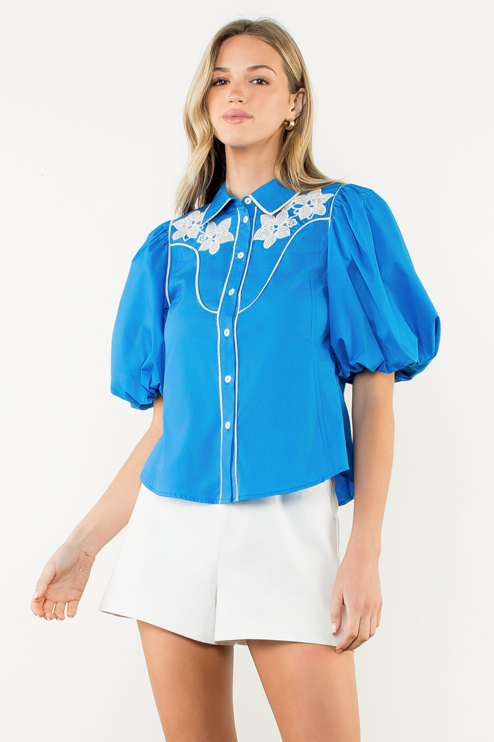Puff Sleeve Flower Embroidered Top - Blue