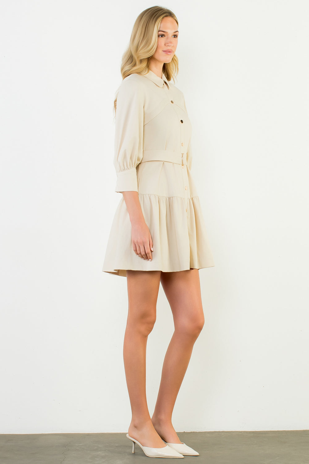 Mid Sleeve Button Up Dress - Cream