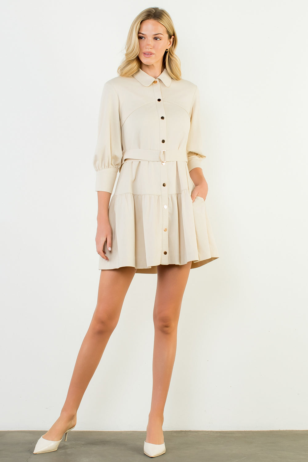 Mid Sleeve Button Up Dress - Cream