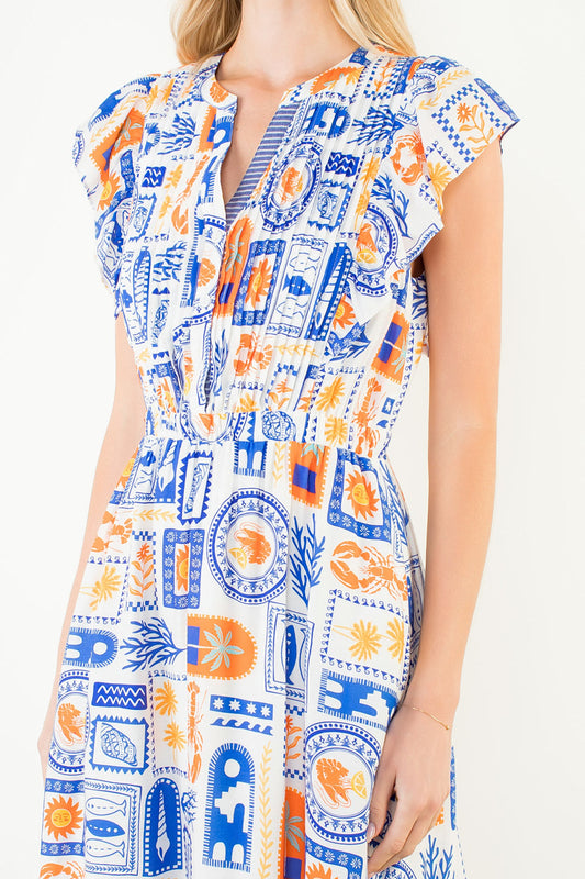 Ruffle Sleeves Pattern Detail Dress - White