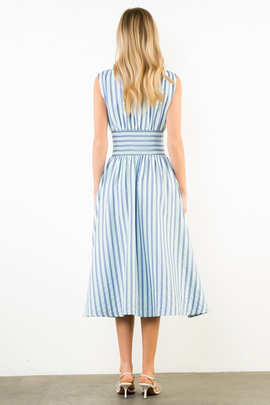 Sleeveless Vertical Stripes Zippered Dress - Blue