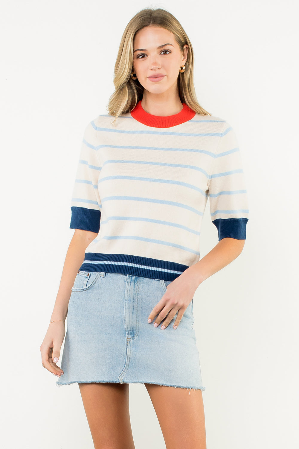 Short Sleeve Striped Knit Top - Cream