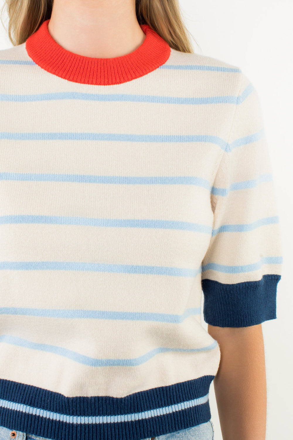 Short Sleeve Striped Knit Top - Cream